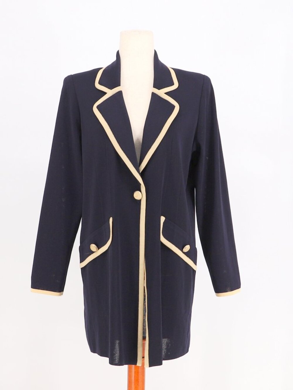 MISOOK Navy Blue Knit Blazer Jacket Cream Trim Gold Buttons Size M